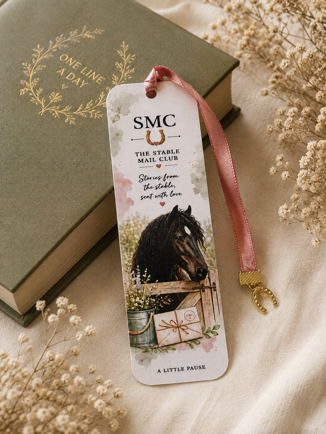 A Little Pause – Double-Sided Horse Bookmark with ribbon and horse shoe