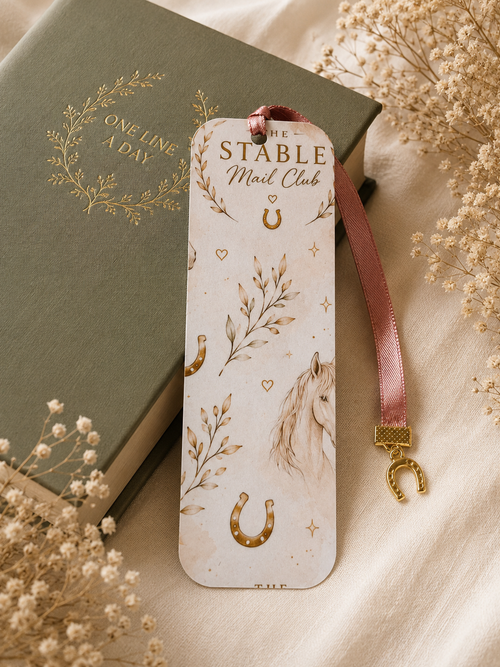 A Little Pause – Double-Sided Horse Bookmark with ribbon and horse shoe