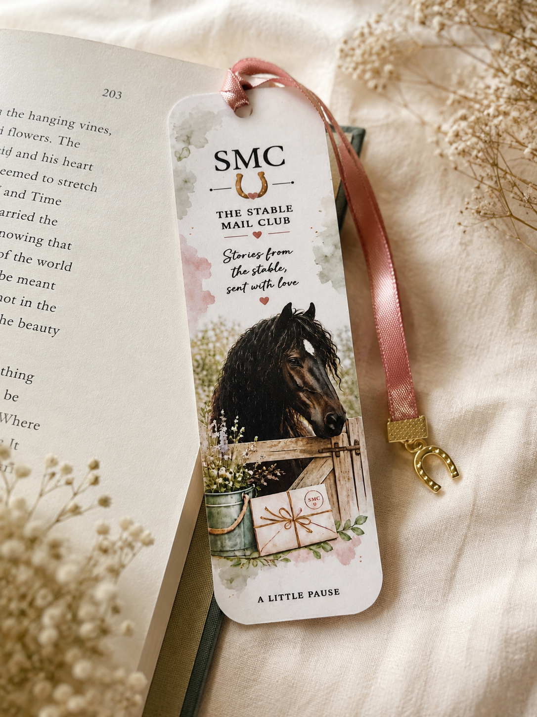 A Little Pause – Double-Sided Horse Bookmark with ribbon and horse shoe